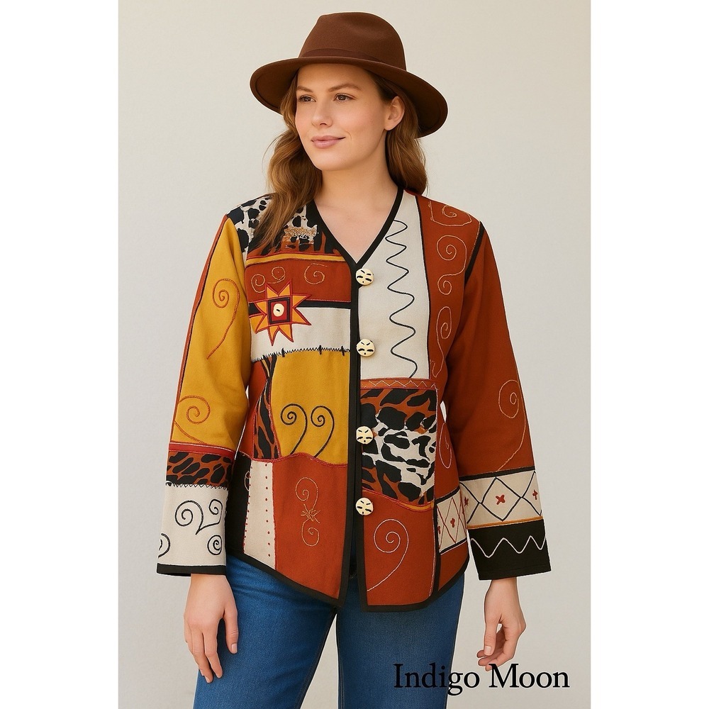 Indigo Moon Boho Patchwork Embroidered Jacket Size S – Vintage Artistic Blazer